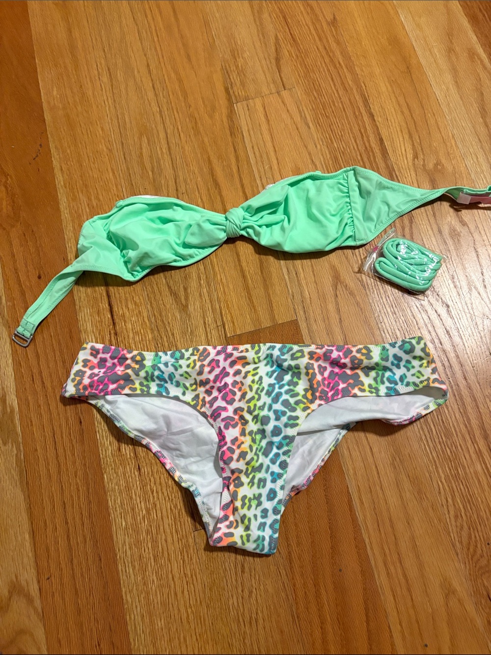 Victoria's Secret Girls Mint Bandeau Bikini with Neon Leopard Print Bottoms